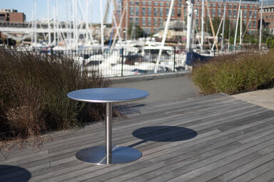 Column Table with 36" round table top in Stainless Steel with Sandstone finish