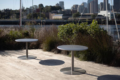 Column Tables with 36&quot; round table tops in Stainless Steel with Sandstone finish
