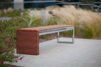 Duo Bench shown with Polished Stainless Steel frame and FSC&reg; 100% hardwood
