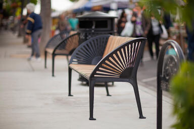 Copenhagen Benches shown with Black Texture powdercoated frames and FSC 100% Ip&eacute;