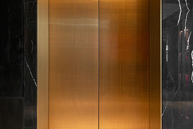 Elevator door in Fused Bronze with Satin finish and custom Thatch Eco-Etch