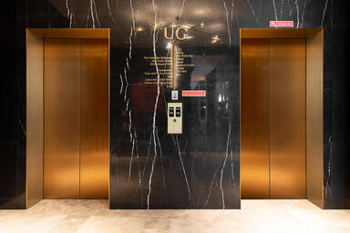 Elevator doors in Fused Bronze with Satin finish and custom Thatch Eco-Etch