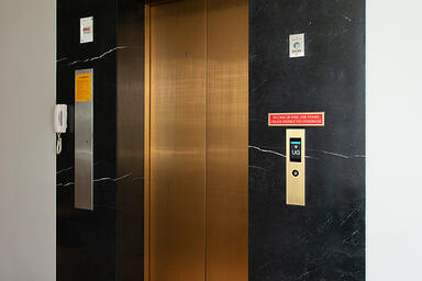Elevator doors in Fused Bronze with Satin finish and custom Thatch Eco-Etch