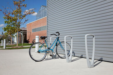 Trio Bike Racks shown with Silver Texture powdercoat at Downtown Market