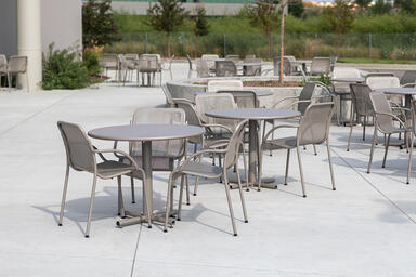 Cross Tables with 36&quot; round table tops and 24&quot; bases with Argento Texture