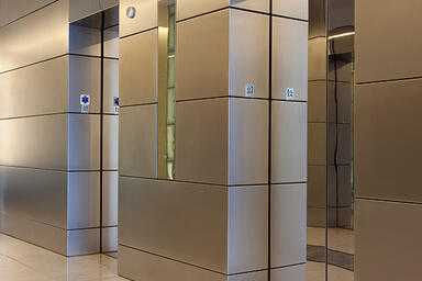 LEVELe Wall Cladding System with Float panels shown in Stainless Steel Satin 