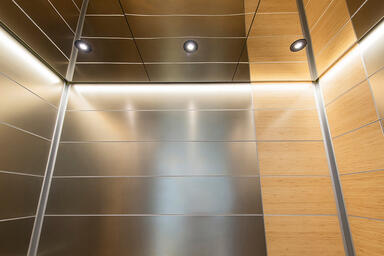 Ceiling in Fused White Gold with Mirror finish, shown in LEVELe-103 Elevator 