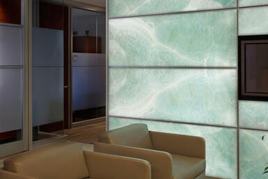 LEVELe Wall Cladding System with LightPlane Panels; insets in ViviStone Abalone 