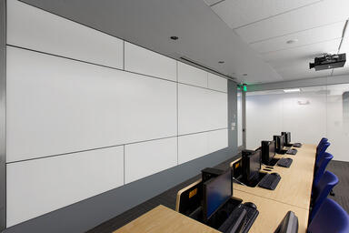LEVELe Wall Cladding System with Blind panels; insets in ViviChrome Scribe 