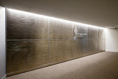 LEVELe Wall Cladding System with Capture panels; insets in Fused White Gold 