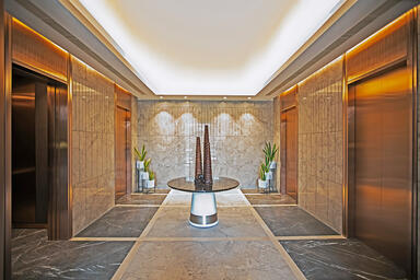 Elevator doors in Fused Bronze with Satin finish; elevator transoms