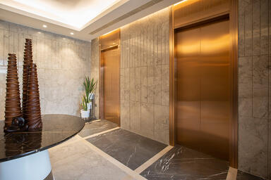 Elevator doors in Fused Bronze with Satin finish; elevator transoms
