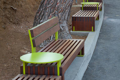 Custom Hudson Benches with custom color powdercoated tables at Hollywood Bowl