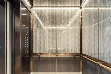 LEVELe-105 Elevator Interior: ViviGraphix Graphica glass, customized Silkworm.