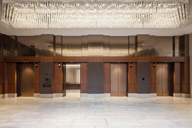 Elevator doors in Fused Nickel Bronze with Satin finish and Silkworm Eco-Etch