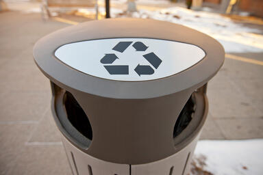 Dispatch Litter &amp; Recycling Receptacle shown in 45 gallon, split-stream config