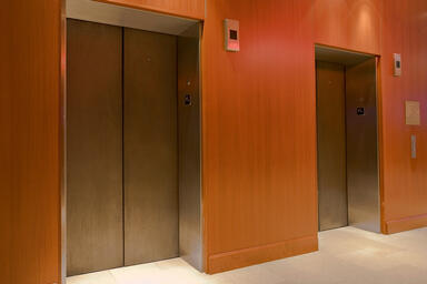 Elevator doors shown in Bonded Bronze with Dark Patina and Rain pattern