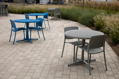 Avivo Chairs with Silver Texture and custom Azure Texture powdercoats and Riva