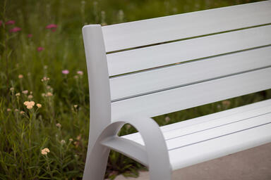 Detail of Camber Bench with Aluminum Texture powdercoated frame