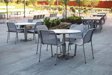 Cross Tables with 36&quot; round table tops in Stainless Steel with Diamond finish