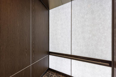 LEVELe-106 Elevator Interior: LightPlane Panels with ViviTela Shibori glass.