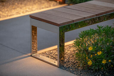 Duo Bench shown with Polished Stainless Steel frame and FSC&reg; 100% hardwood slats