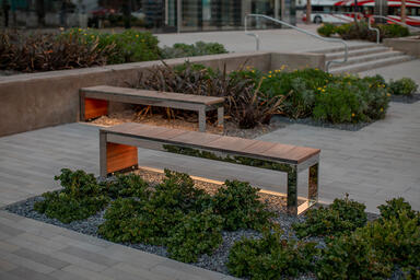 Duo Benches shown with Polished Stainless Steel frames and FSC&reg; 100% hardwood sl