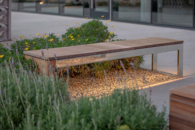 Duo Bench shown with Polished Stainless Steel frame and FSC&reg; 100% hardwood slats