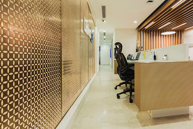 Wall panels in Fused Bronze with Linen finish and custom Circa perforation