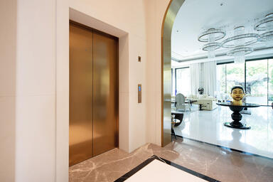 Elevator Doors, transom, and door jambs in Fused Bronze with Linen finish
