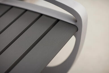 Detail of Trio Bench shown with Aluminum Texture powdercoated frame