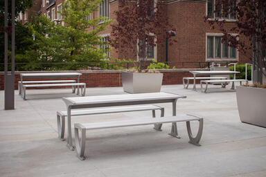 Trio Table Ensembles shown with Aluminum Texture powdercoated frames