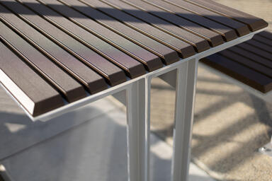 Detail of Knight Table Ensemble shown in backless configuration with Aluminum