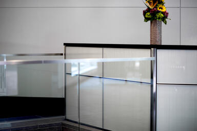 LEVELe Wall Cladding System with Capture panels shown on a reception desk