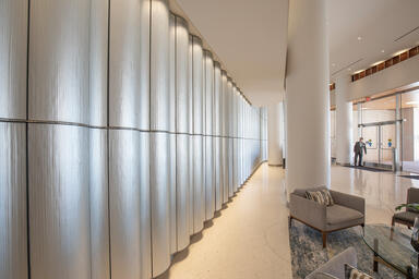 Feature wall with CastGlass Classic Levels glass in Hikaru texture + custom