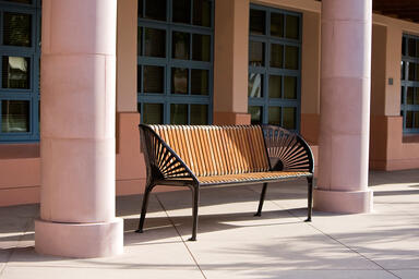 Copenhagen Bench shown with Black Texture powdercoated frame and FSC 100% Ip&eacute; 