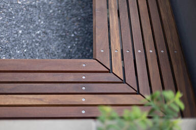 Detail of Knight Bench in custom-angled, backless configuration with 87-inch