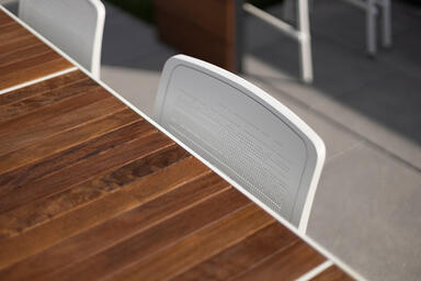 Detail of Avivo Chairs with White Texture powdercoat and Riva perforation