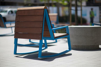 Custom rocking chair shown with custom Azure texture powdercoated frame