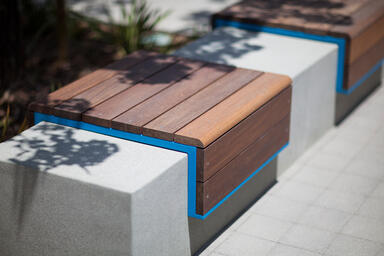 Custom bench shown with Azure texture powdercoated frame
