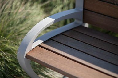 Detail of Trio Bench shown in backed configuration with Aluminum Texture