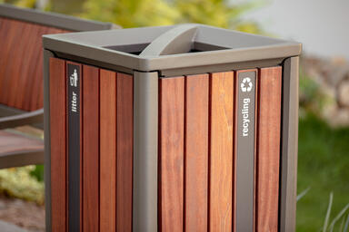 Cordia Litter &amp; Recycling Receptacle shown in split-stream configuration with Sl