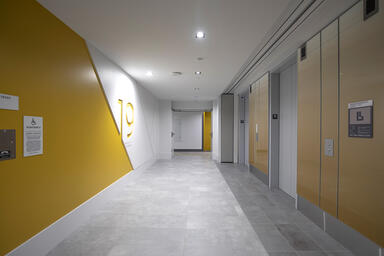 LEVELe Wall Cladding System with Minimal panels; insets in ViviGraphix Gradiance