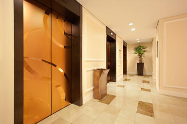 Elevator doors shown in Fused Bronze with Mirror finish and ECO205H Eco-Etch pat