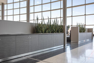 Litter receptacle and planter panels in Bonded Nickel Silver with Natural Patina