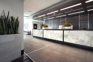 Reception desk with LightPlane Panels shown in ViviStone White Onyx glass 