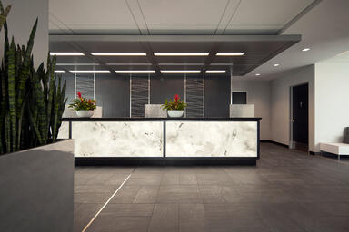 Reception desk with LightPlane Panels shown in ViviStone White Onyx glass 