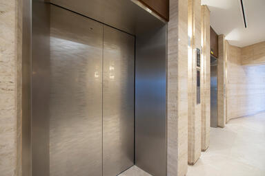 Elevator doors shown in Stainless Steel with Mirror finish and custom Eco-Etch