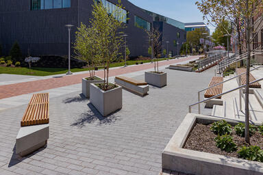 Hudson Benches shown with FSC® 100% hardwood slats and custom mounting