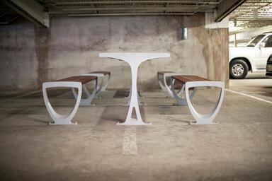 Trio Table Ensembles shown with Aluminum Texture powdercoated frames and FSC&reg; 10